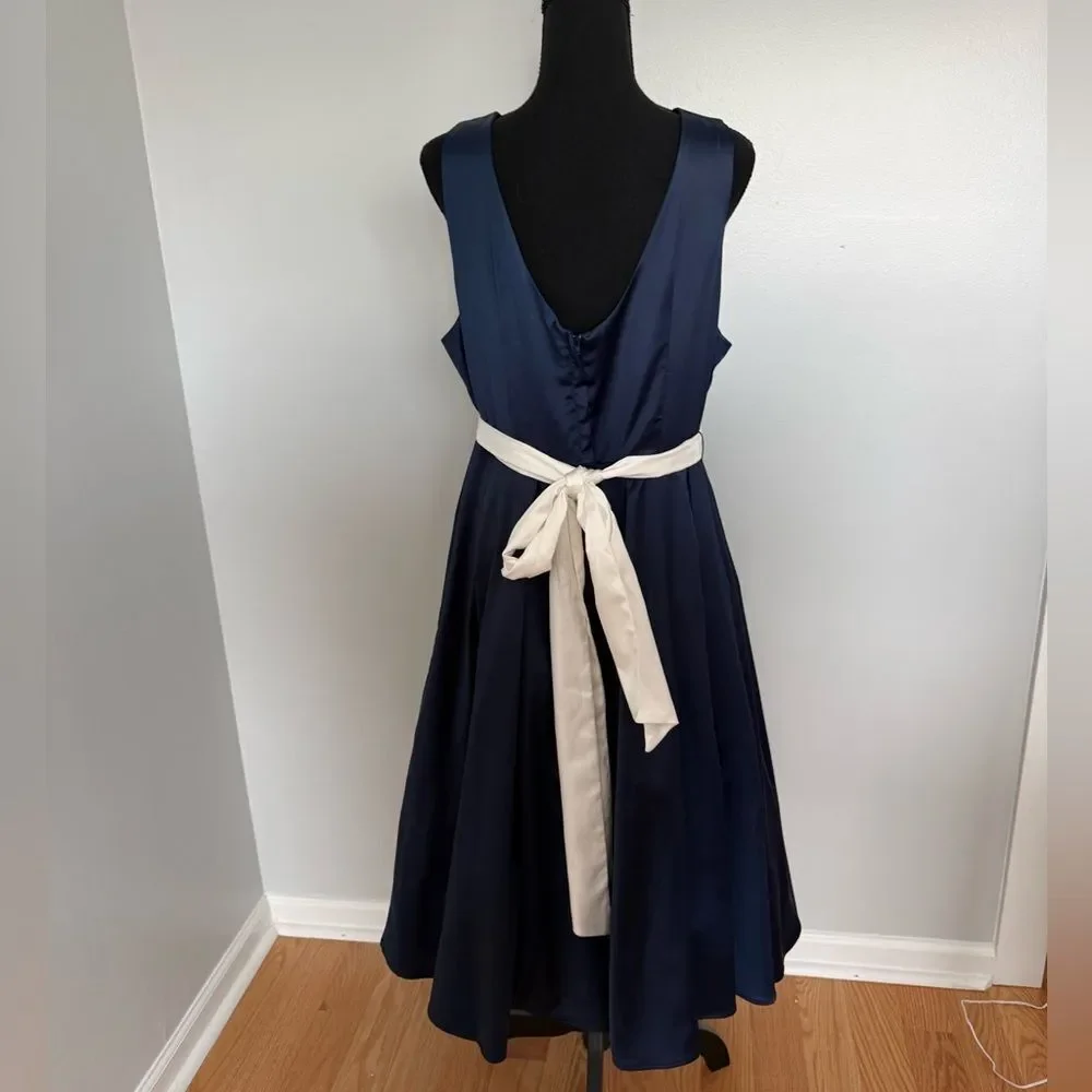 Collectif Navy Satin Formal Dress with White Belt - Picture 2 of 12